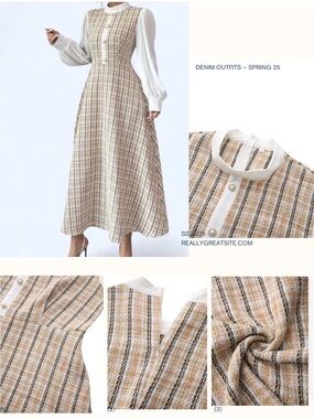 Elegant Plaid Long Sleeve Dress Size M